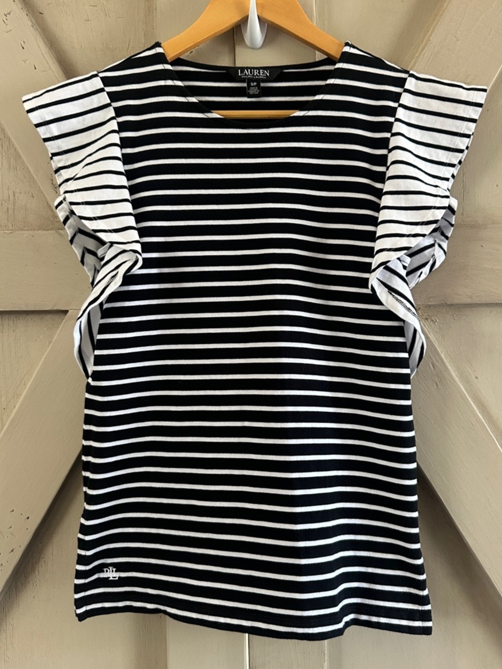 Lauren Ralph Lauren Black White Striped Flutter Sleeve Top Size Small